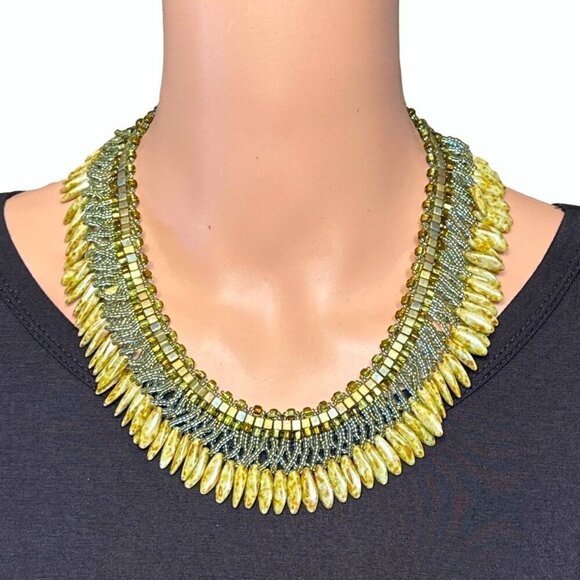 Statement Beaded Fringe Necklace Toggle Clasp Green Brown Blue Beads - Picture 1 of 6